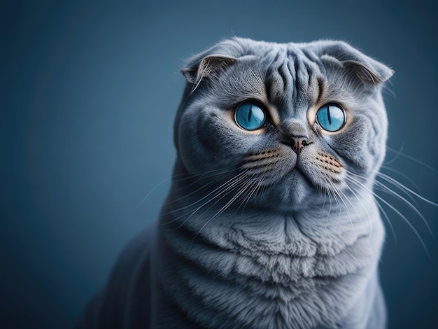 Funny cute scottish fold cat sur fond bleu doux ai génératif