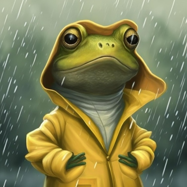 Photo funny frog portant un manteau de pluie jaune pendant qu'il pleut