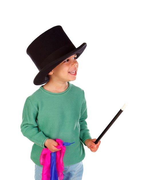 Photo funny petit magicien avec un chapeau haut de forme et une baguette magique