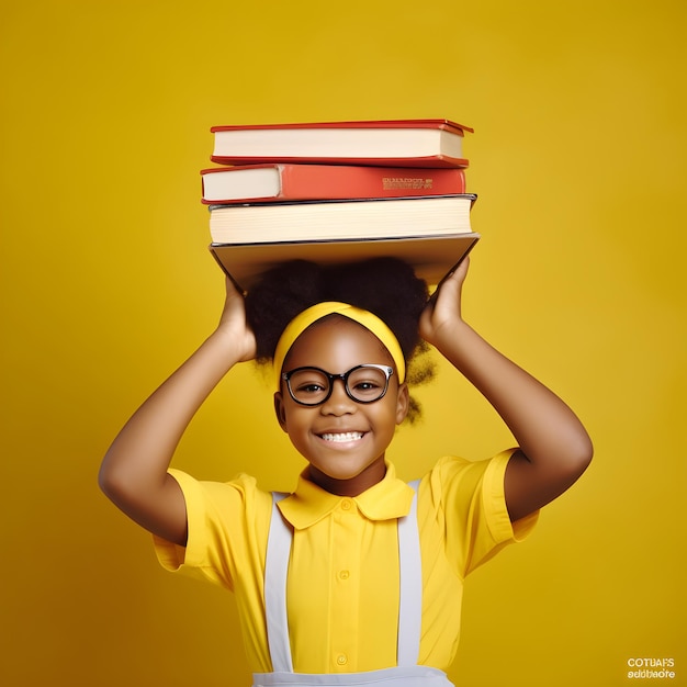 Funny smiling enfant noir fille de l'école avec des lunettes tenir des livres sur sa tête fond jaune