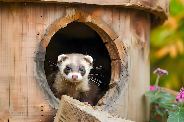 Un furet curieux qui regarde depuis un terrier en bois