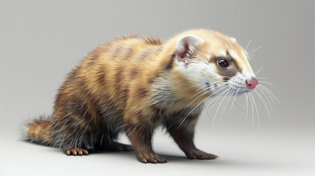 Un furet mignon et curieux avec une longue queue et un ventre blanc est assis sur un fond blanc