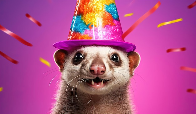 un furet portant un chapeau d'anniversaire avec un fond rose