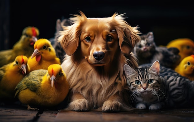 Furry Feathered Friends Un portrait réconfortant de poussins de chiens et de chats