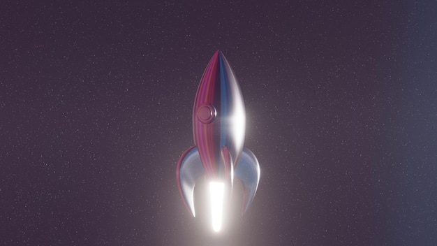 Une fusée 3D dans un cosmos de science-fiction abstrait représentant un voyage spatial surréaliste avec des éléments futuristes et imaginatifs