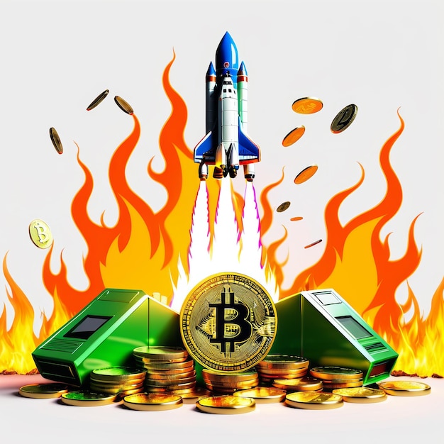 Une fusée Bitcoin au sommet d'une pile de pièces d'or