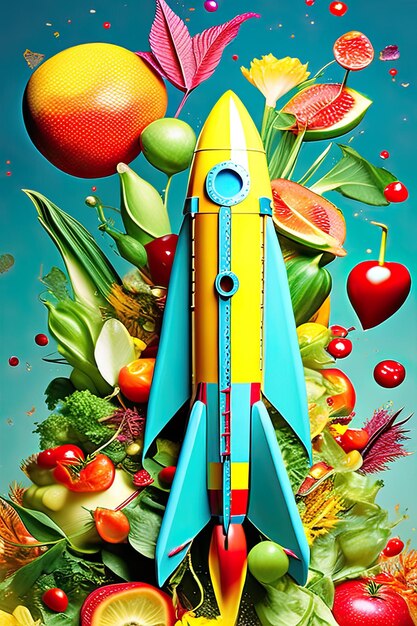 Une fusée avec divers légumes et fruits Concept d'alimentation et de nutrition saine