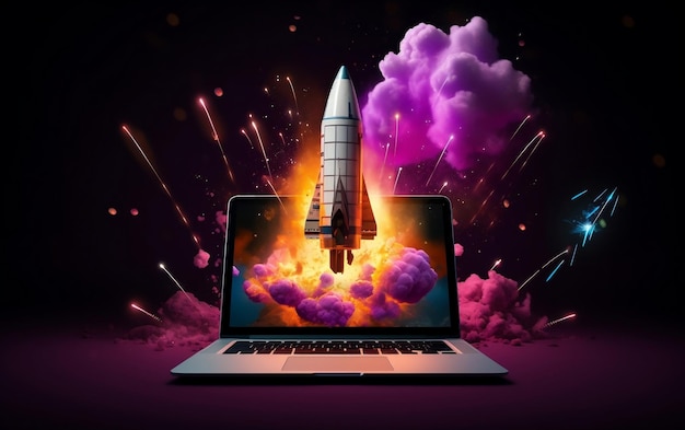 Une fusée émergeant de l'écran d'un ordinateur portable en noir et violet