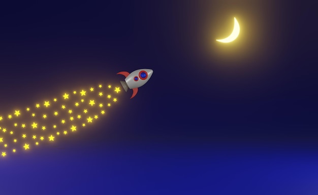 Fusée et étoiles avec fond bleu foncé, concept de dessin animé, rendu 3d