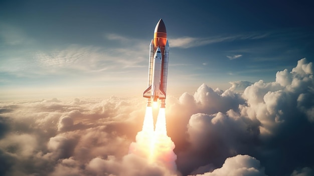 Une fusée lancée avec succès dans l'espace Un vaisseau spatial décolle dans le ciel étoilé Illustration générative d'IA