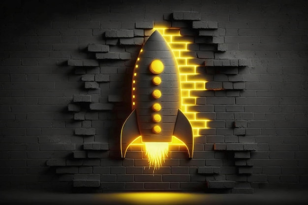 Une fusée avec des lumières jaunes vole à travers un mur de briques.