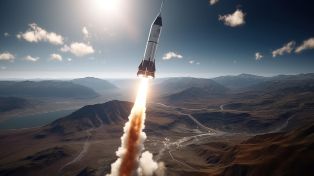 Une fusée s'envole de la Terre vers le concept de science spatiale AI générative