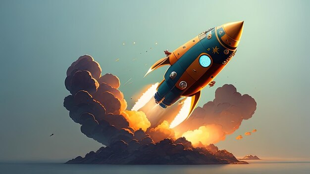 Une fusée spatiale volant haut dans le ciel illustration de rendu 3D