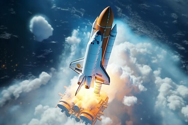 une fusée volant dans le ciel avec une navette spatiale en arrière-plan