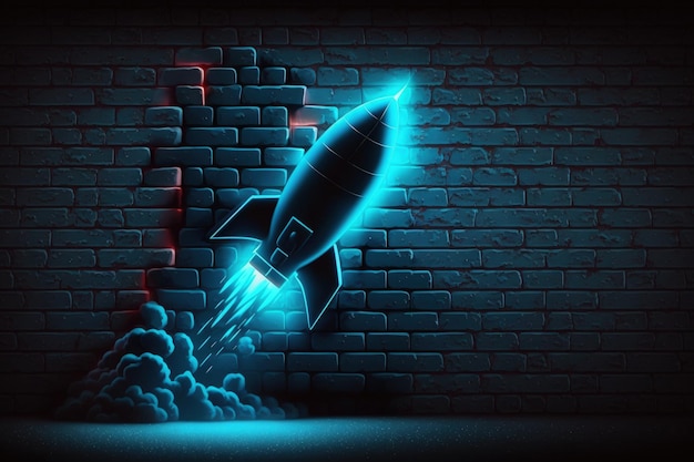 Une fusée vole à travers un mur de briques.