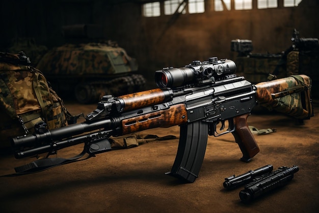 Un fusil AK 47 moderne et tactique présenté dans un environnement militaire de haute technologie avec des accessoires avancés