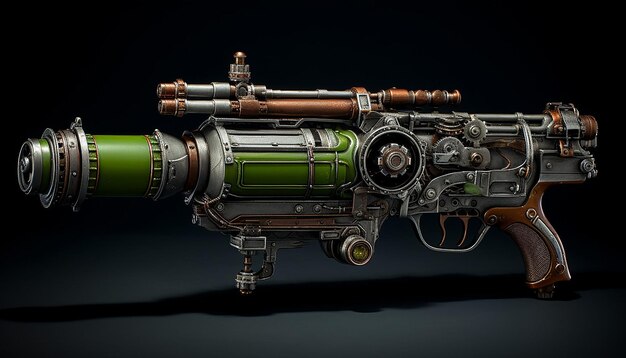 Photo le fusil de chasse à double canon d'artificer est un steampunk à tubes verts.