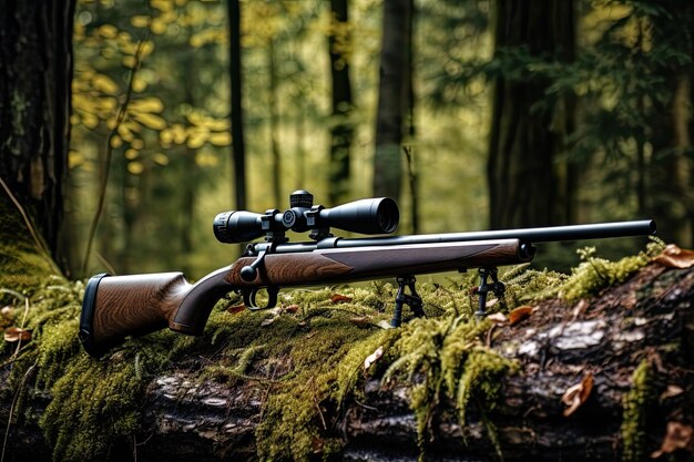 Un fusil de chasse avec une lunette sur une pierre dans la forêt