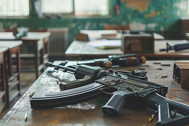 Des fusils d'assaut sur une table avec des munitions éparpillées.