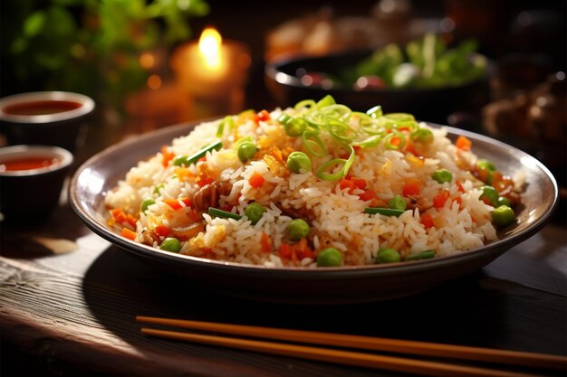 Photo fusion culinaire de dîner d'inspiration chinoise, riz combiné avec des légumes frais