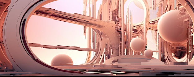 Fusion d'éléments abstraits et de structures architecturales sur un panorama de fond futuriste