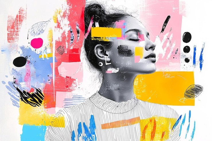 Photo fusion d'éléments dessinés à la main et numériques dans un design cohérent symbolisant l'harmonie créative