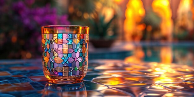 Photo fusion exquise une tasse avec des carreaux omayyades incrustés fabriqués à partir de verre translucide mélangeant la tradition avec l'élégance moderne