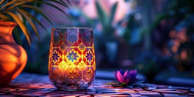 Photo fusion exquise une tasse avec des carreaux omayyades incrustés fabriqués à partir de verre translucide mélangeant la tradition avec l'élégance moderne