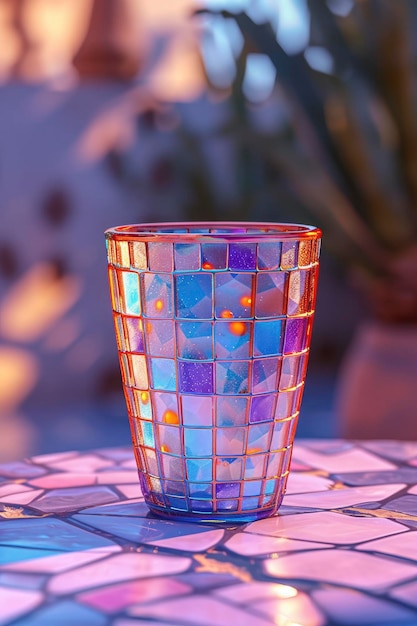 Photo fusion exquise une tasse avec des carreaux omayyades incrustés fabriqués à partir de verre translucide mélangeant la tradition avec l'élégance moderne