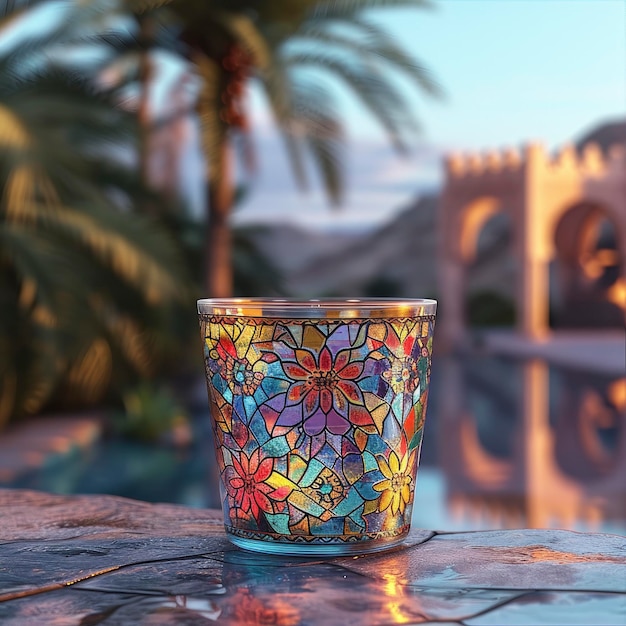 Photo fusion exquise une tasse avec des carreaux omayyades incrustés fabriqués à partir de verre translucide mélangeant la tradition avec l'élégance moderne