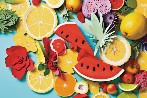 Fusion de fruits naturels et de fruits en papier dans un collage alimentaire créatif