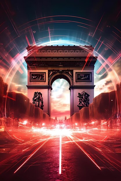 Photo fusion futuriste l'arc de triomphe transformé en une porte torii du futur