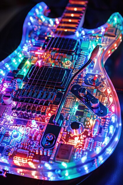 Photo la fusion de la guitare avec des led vibrantes de la carte de circuit imprimé