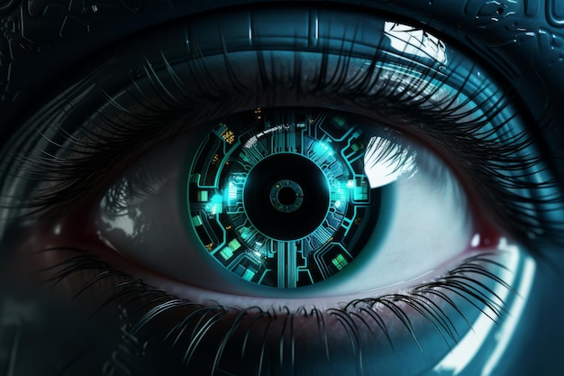 fusion de l'humain et de la technologie à travers un œil cybernétique dans cette illustration intrigante