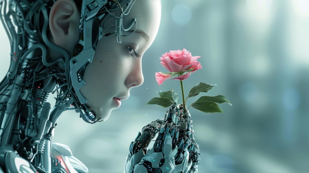 La fusion de l'humanité et de la technologie Une femme avec une fleur affronte l'intelligence artificielle