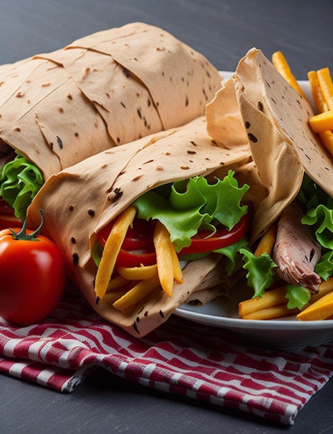 Une fusion de légumes frites de poulet et de salade enveloppés dans du pita AIGénéré