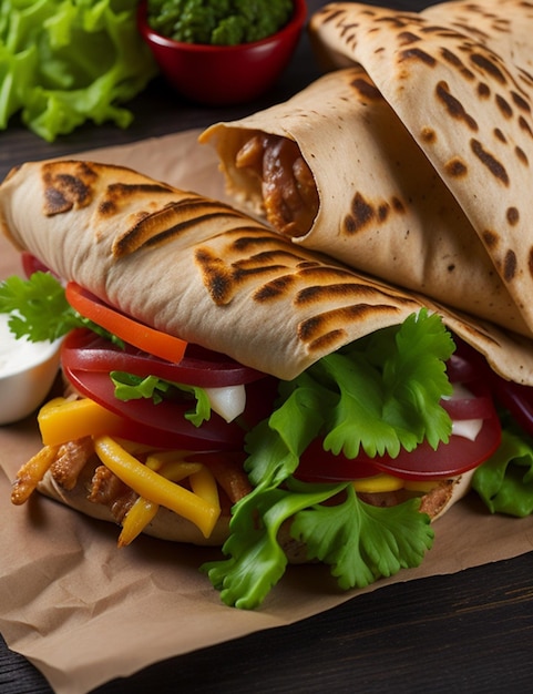 Une fusion de légumes frites de poulet et de salade enveloppés dans du pita AIGénéré