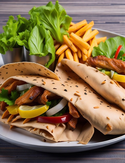 Une fusion de légumes frites de poulet et de salade enveloppés dans du pita AIGénéré