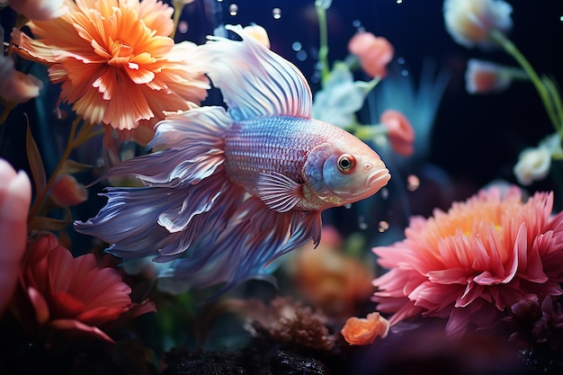 Fusion d'un poisson décoratif et de belles fleurs roses sur un aquarium avec éclairage au néon