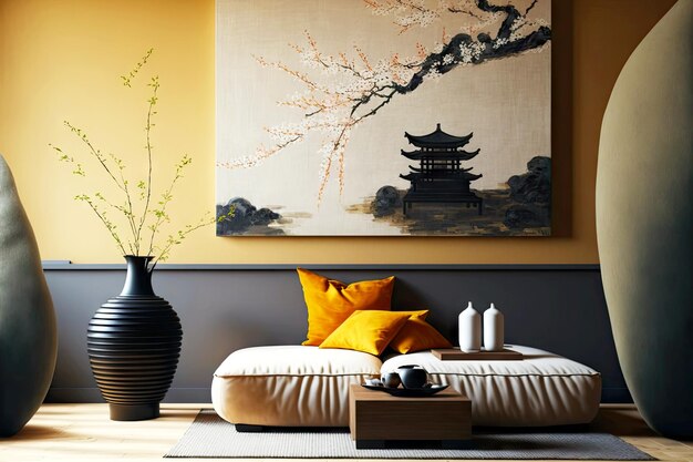 Photo futon japonais dans un salon japonais avec table basse et vases au sol