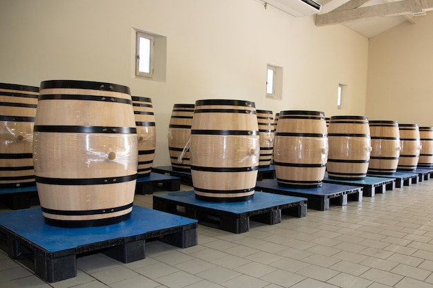 Fûts en bois de chêne de Saint-Emilion en vendanges Cave Bordeaux