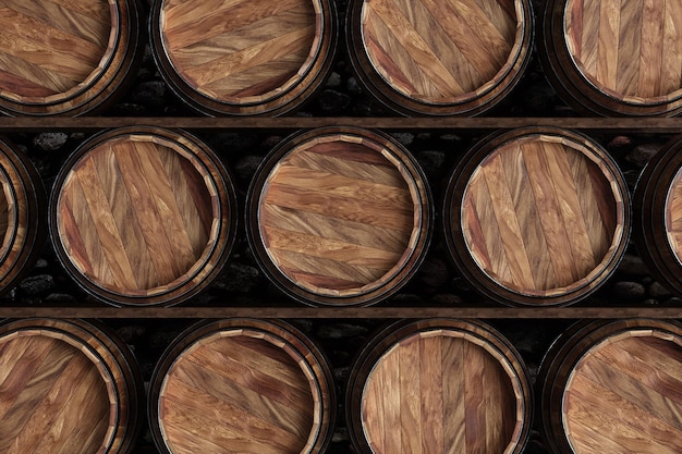 Fûts en bois pour le vin sur fond noir Vinification du vin Le concept de la production de boissons alcoolisées Rendu 3D Illustration 3D