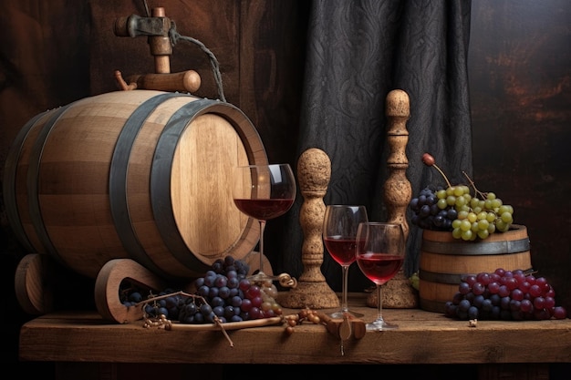 Photo fûts de vin avec tire-bouchon vintage et verre à vin créés avec une ia générative