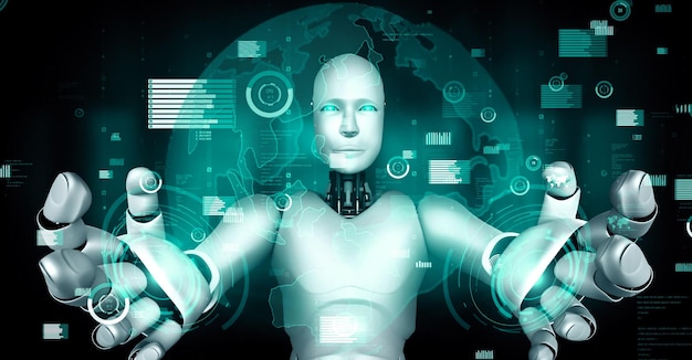 Le futur contrôle de la technologie financière par un robot humanoïde IA utilise l'apprentissage automatique