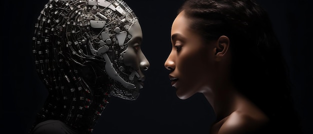 Photo futur cyber féminin ai relation complexe entre l'humanité et le concept d'ia