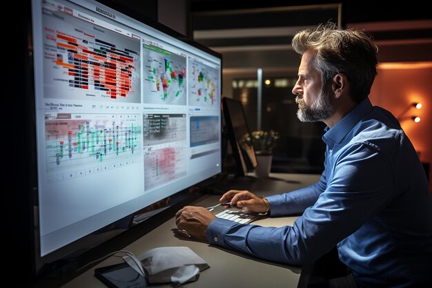 Futur homme d'affaires technologique travaillant sur un panneau virtuel d'ordinateur au bureau