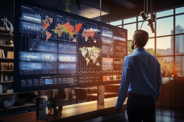 Futur homme d'affaires technologique travaillant sur un panneau virtuel d'ordinateur au bureau
