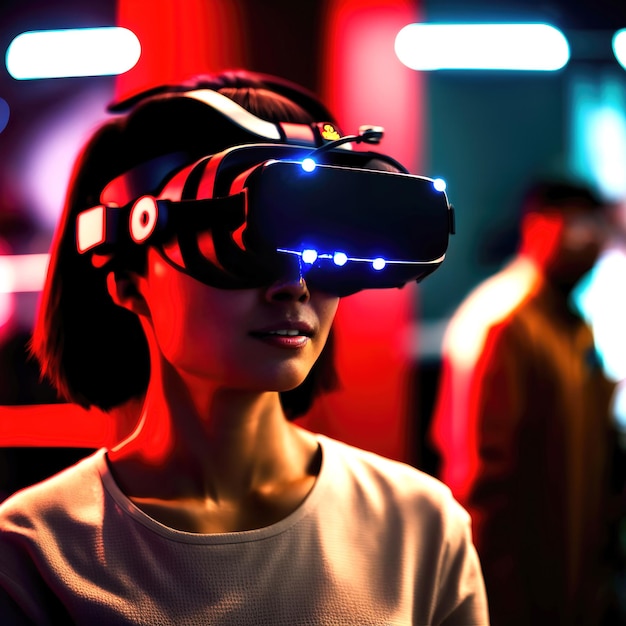 Futur humain portant des lunettes de casque virtuel VR art génératif par AI