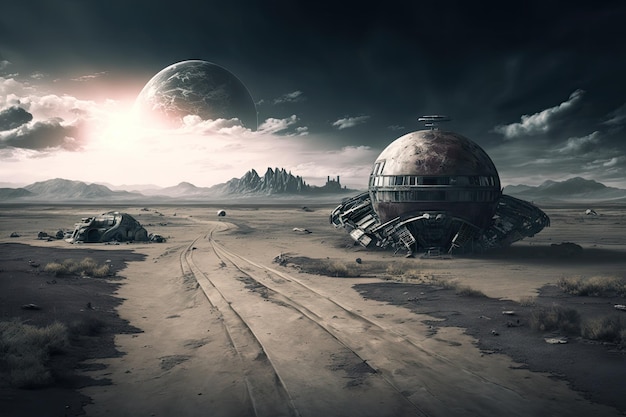 Futur paysage gris dystopique d'une planète déserte dans un futur postapocalyptique