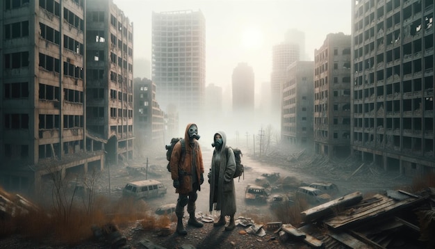 Photo un futur post-apocalyptique où deux survivants portent des vêtements déchirés et des masques de protection.